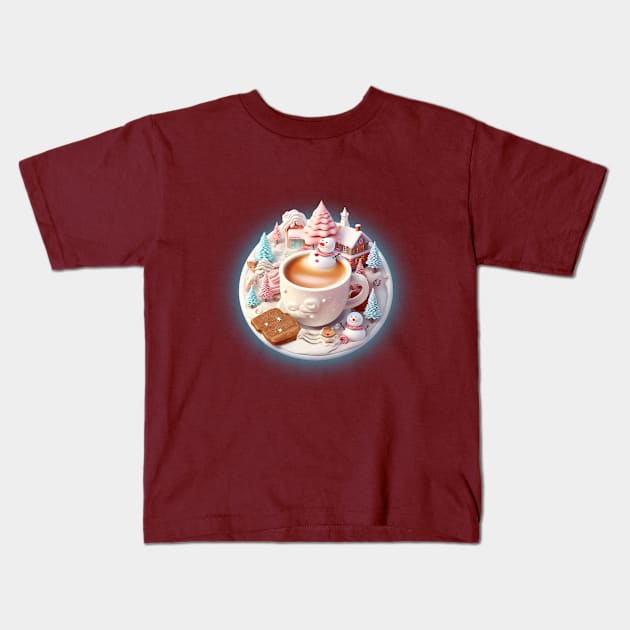 Snowman in a cappuccino with winter wonderland Kids T-Shirt by Violet77 Studio